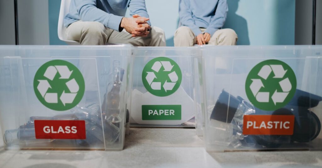 Volunteers organize recyclables into glass, paper, and plastic bins to promote eco-friendly practices.